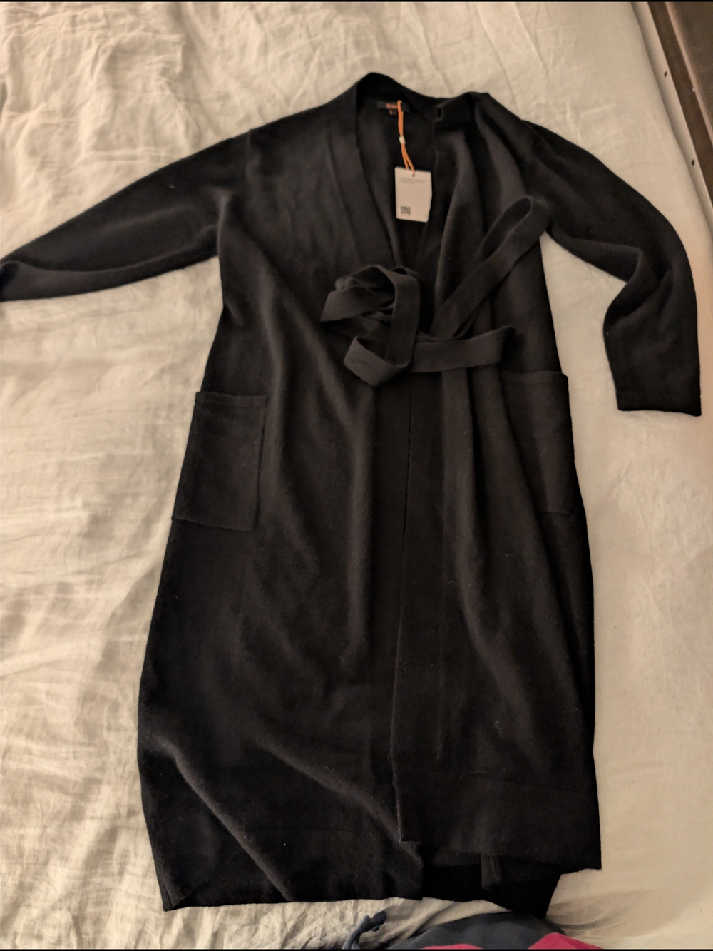 Quince Black Long Open-Front Knit Robe with Belt